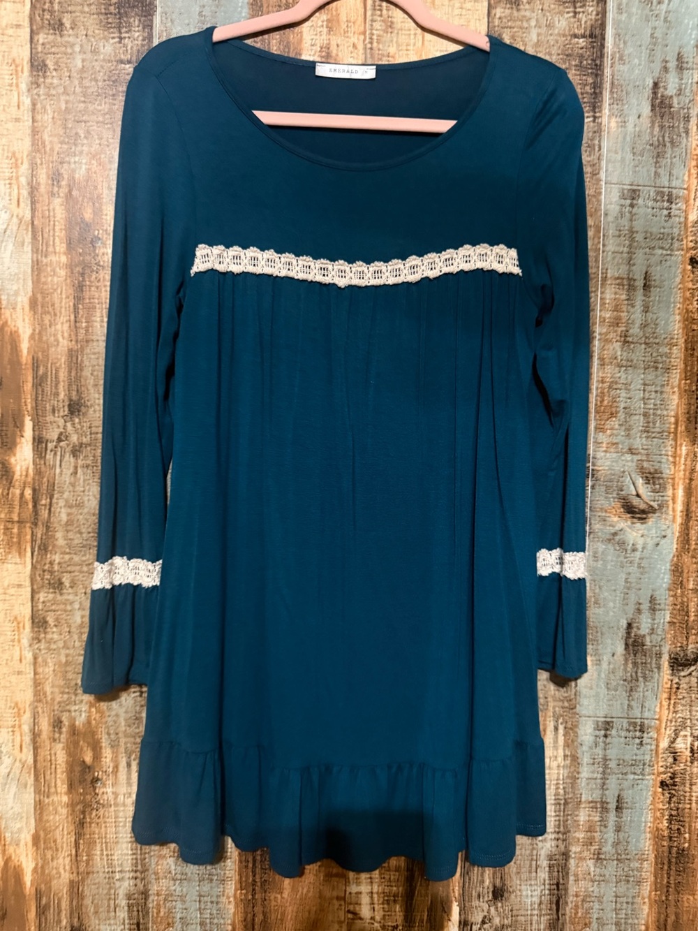 Emerald Teal Long-Sleeve Tunic Top  with Cream Lace Trim
